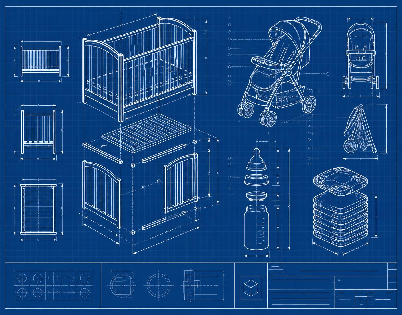 Blueprint-style technical drawing of a crib, stroller, bottle and stack of diapers